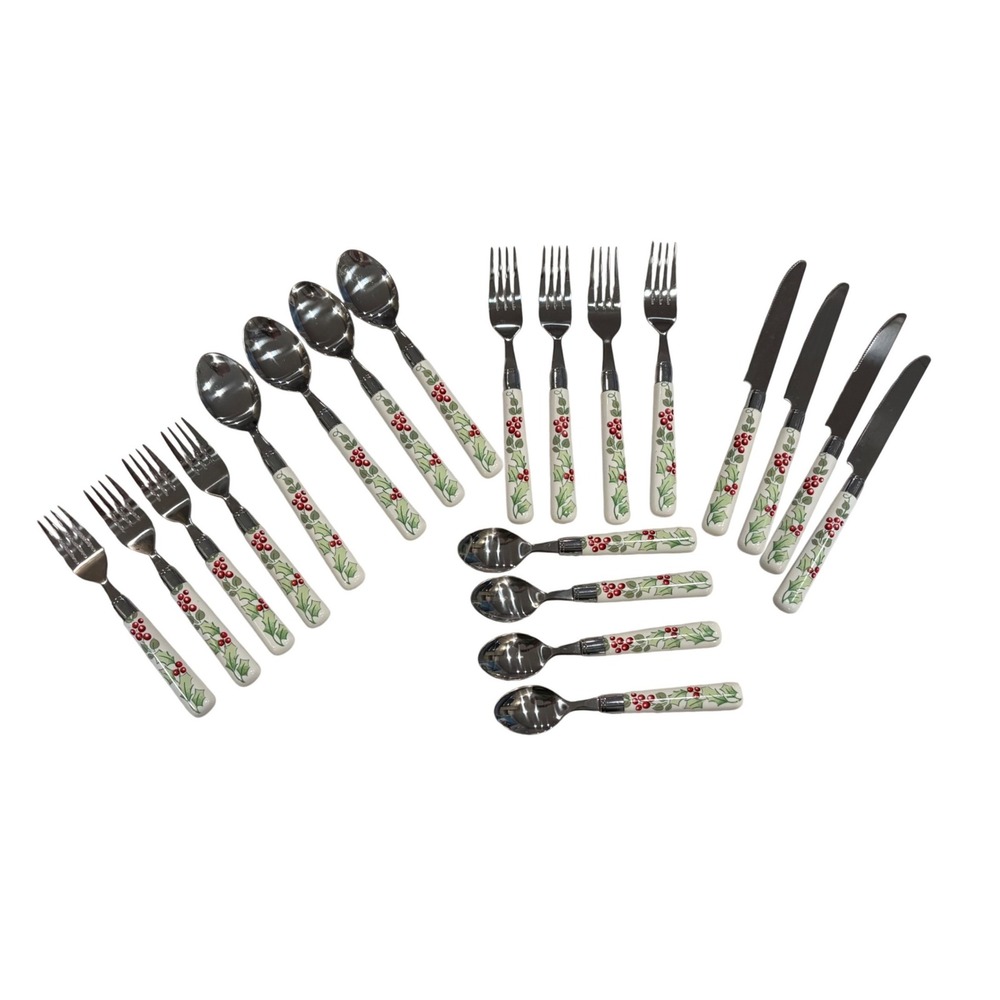Gibson Christmas Flatware Set 16 Pc Berry Holly Plastic Handle 4 Place Settings